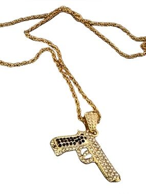 18k gold over stainless steel Tone Pistol Pendant Necklace with Rope Chain